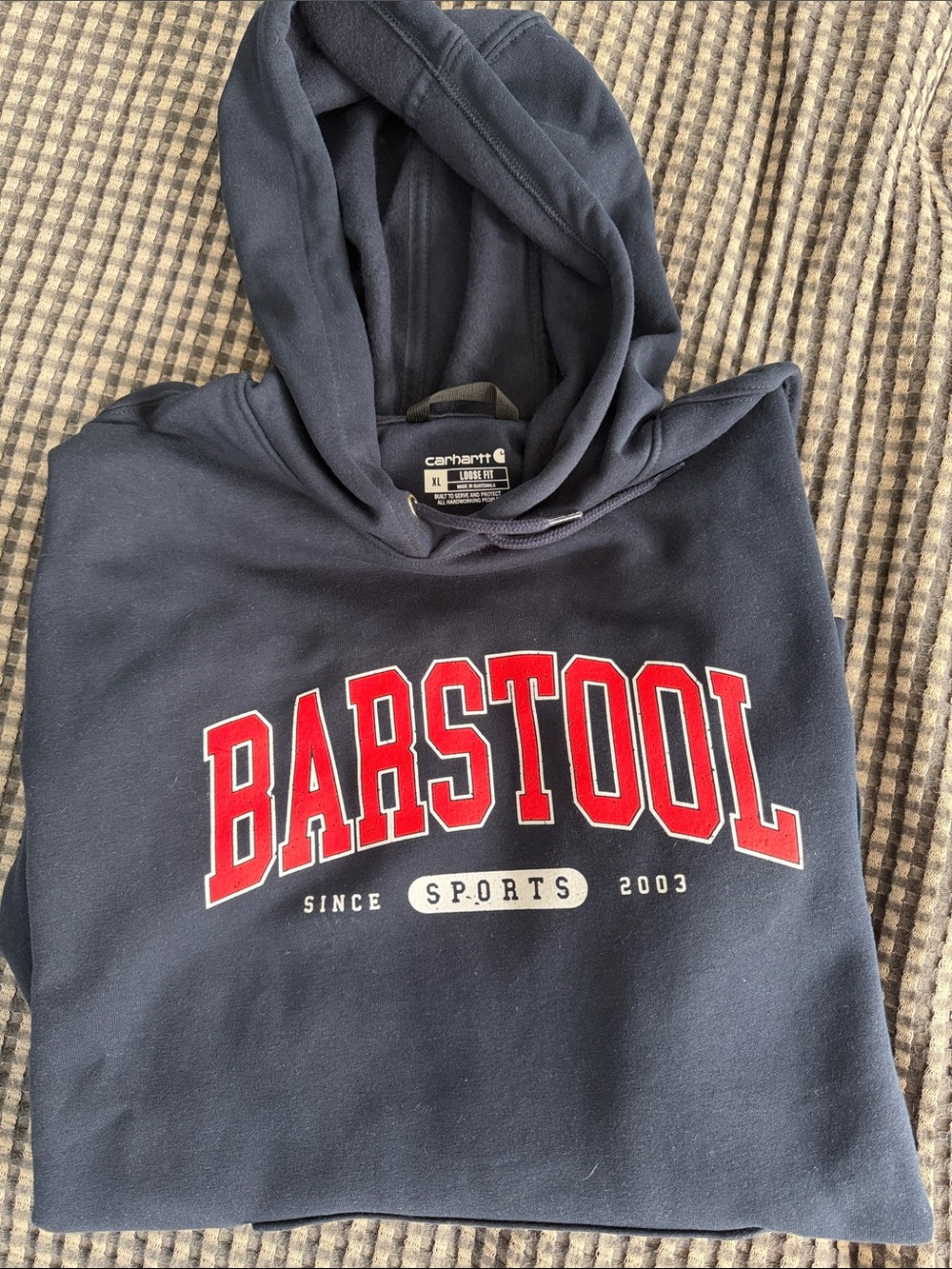 Carhartt Navy Hoodie with Red Barstool Arch Logo